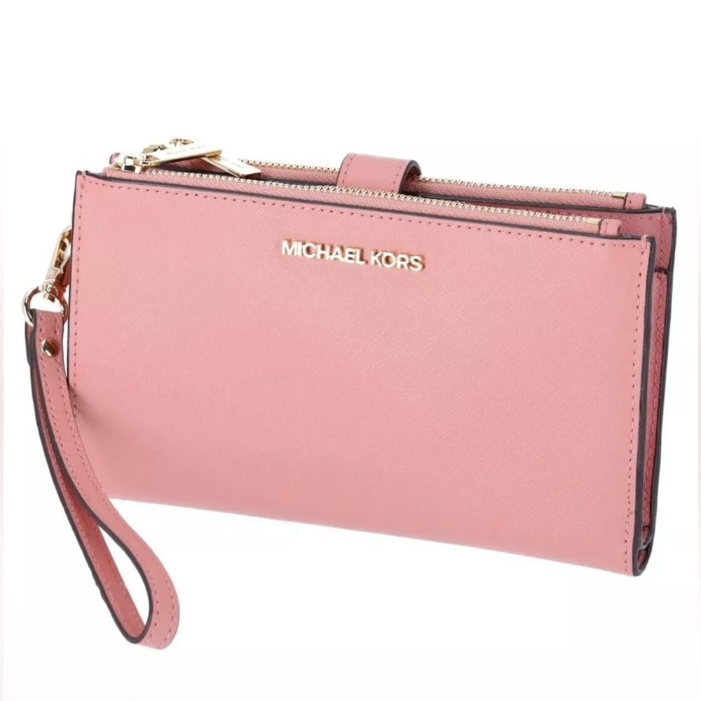 Michael Kors MK JetSet Travel Large Double Zip Wristlet Phone Wallet Pink NWT